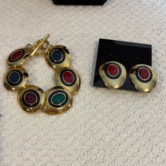 Vintage Brass Gold Enamel Multicolor Gemstone Necklace Bracelet Earrings Set - Picture 3 of 6